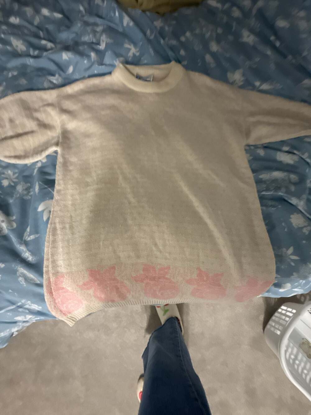 Jam Knits Vintage Sweater Cream Pink Floral Pullover